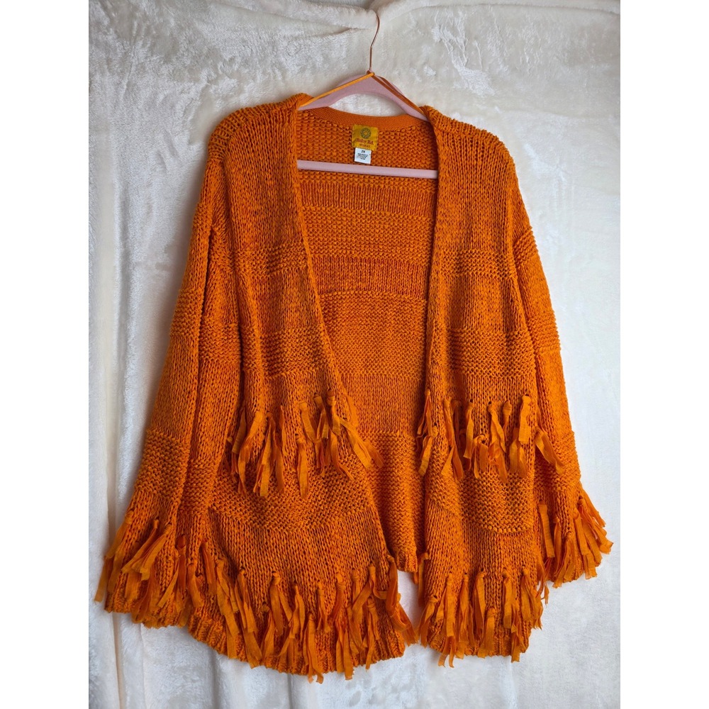 Ruby Rd Woman Orange Knit Cardigan Sweater with Fringe Kimono‎ Sleeve 2X